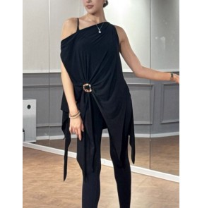 Women latin dance dresses black slant neck salsa rumba chacha loose style ballroom latin pratice dance tops one size